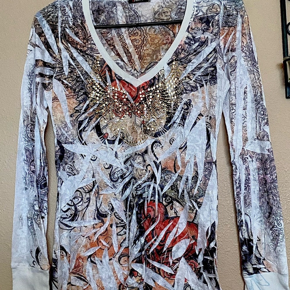 T Party Fashion Artistic Long Sleeve Top with Loads of Embellishments!
